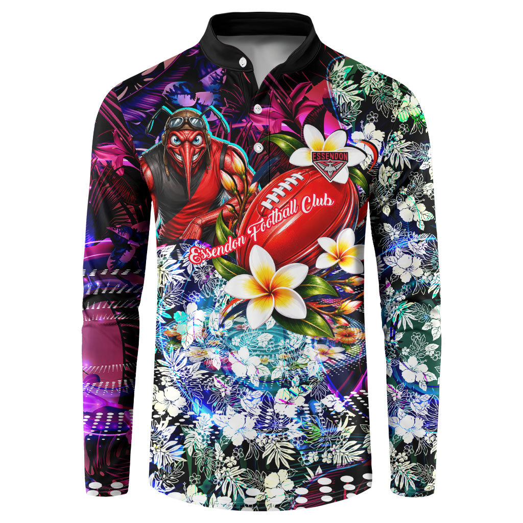 Personalized Essendon Football Bombers Button Sweatshirt Tropical Hibiscus Flowers - Pacific Fusion Style