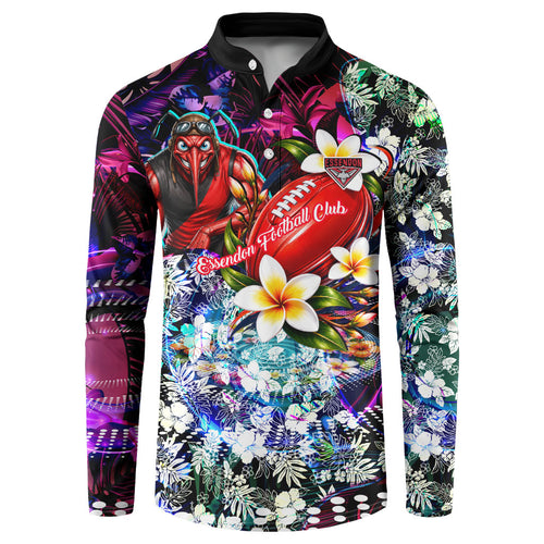 Personalized Essendon Football Bombers Button Sweatshirt Tropical Hibiscus Flowers - Pacific Fusion Style
