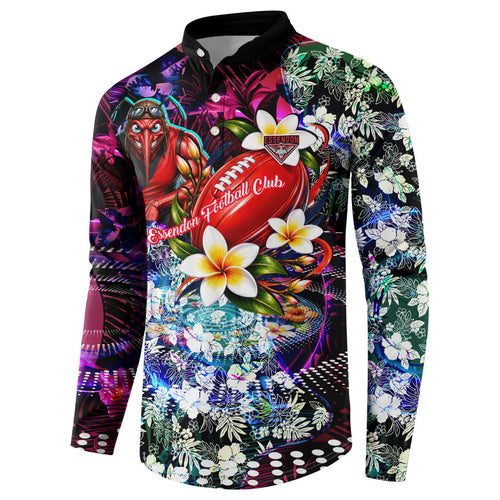 Personalized Essendon Football Bombers Button Sweatshirt Tropical Hibiscus Flowers - Pacific Fusion Style