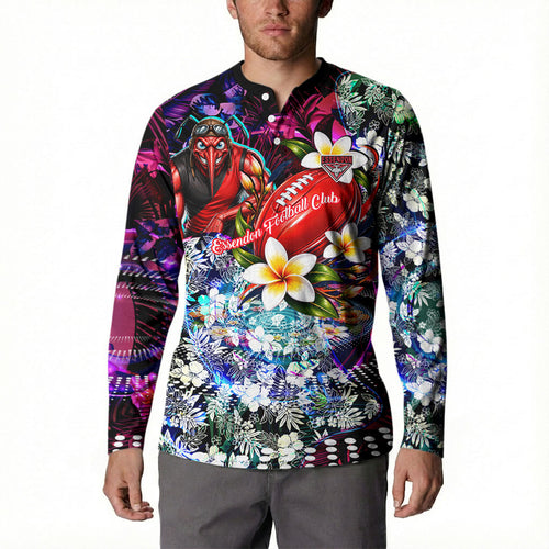 Personalized Essendon Football Bombers Button Sweatshirt Tropical Hibiscus Flowers - Pacific Fusion Style