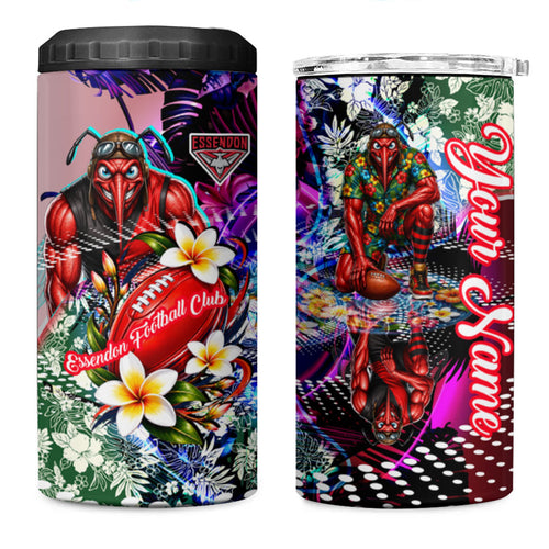 Personalized Essendon Football Bombers 4 in 1 Can Cooler Tumbler Tropical Hibiscus Flowers - Pacific Fusion Style