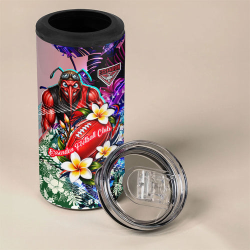 Personalized Essendon Football Bombers 4 in 1 Can Cooler Tumbler Tropical Hibiscus Flowers - Pacific Fusion Style