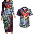 Personalized Essendon Football Bombers Couples Matching Long Sleeve Bodycon Dress and Hawaiian Shirt Tropical Hibiscus Flowers - Pacific Fusion Style