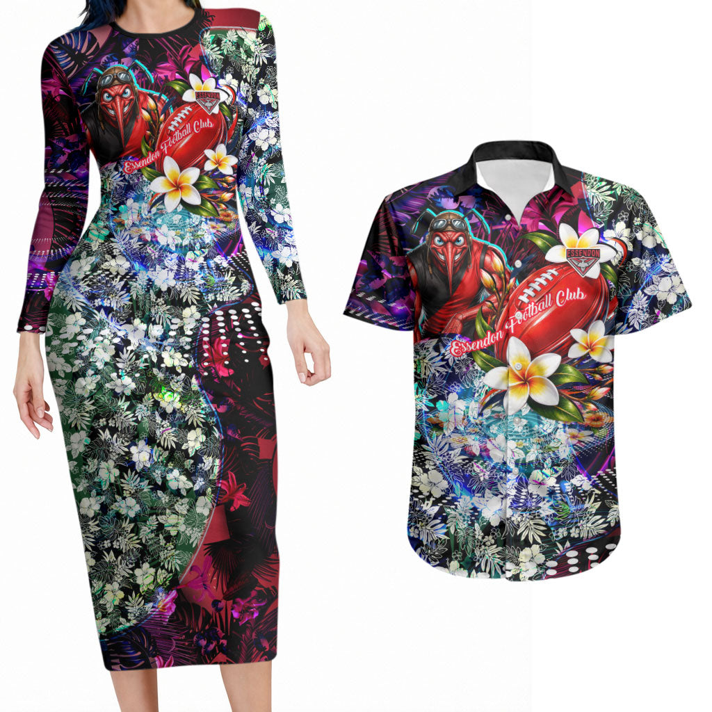 Personalized Essendon Football Bombers Couples Matching Long Sleeve Bodycon Dress and Hawaiian Shirt Tropical Hibiscus Flowers - Pacific Fusion Style