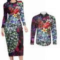 Personalized Essendon Football Bombers Couples Matching Long Sleeve Bodycon Dress and Long Sleeve Button Shirt Tropical Hibiscus Flowers - Pacific Fusion Style