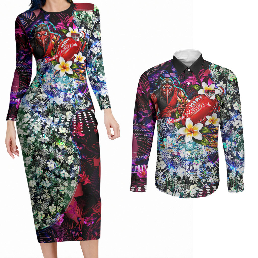 Personalized Essendon Football Bombers Couples Matching Long Sleeve Bodycon Dress and Long Sleeve Button Shirt Tropical Hibiscus Flowers - Pacific Fusion Style