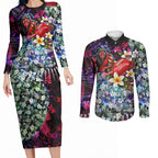 Personalized Essendon Football Bombers Couples Matching Long Sleeve Bodycon Dress and Long Sleeve Button Shirt Tropical Hibiscus Flowers - Pacific Fusion Style