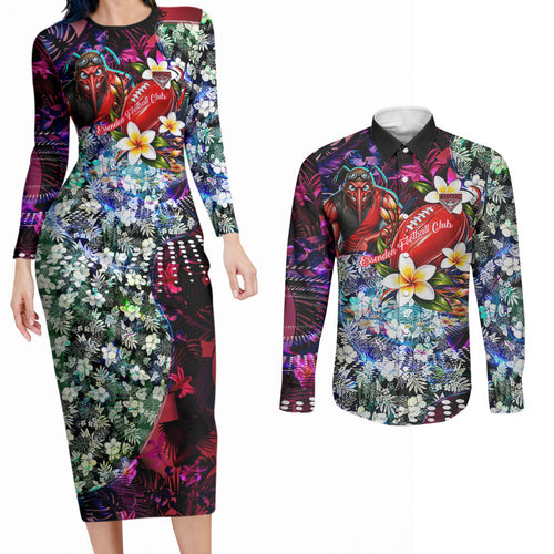Personalized Essendon Football Bombers Couples Matching Long Sleeve Bodycon Dress and Long Sleeve Button Shirt Tropical Hibiscus Flowers - Pacific Fusion Style