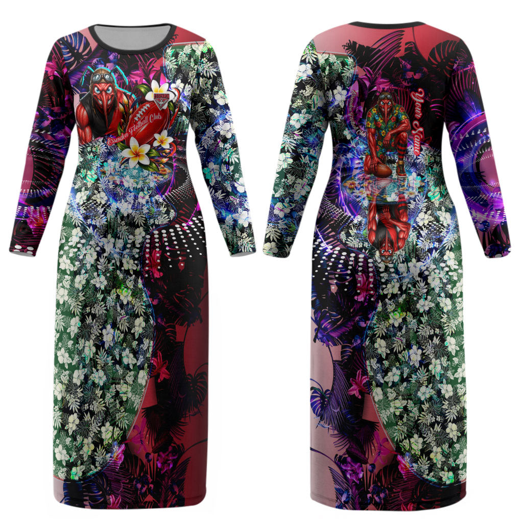 Personalized Essendon Football Bombers Couples Matching Long Sleeve Bodycon Dress and Long Sleeve Button Shirt Tropical Hibiscus Flowers - Pacific Fusion Style