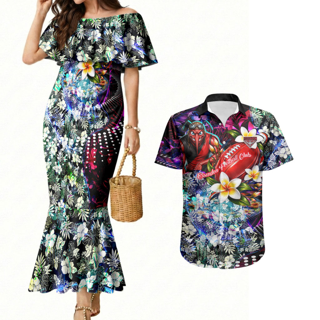 Personalized Essendon Football Bombers Couples Matching Mermaid Dress and Hawaiian Shirt Tropical Hibiscus Flowers - Pacific Fusion Style