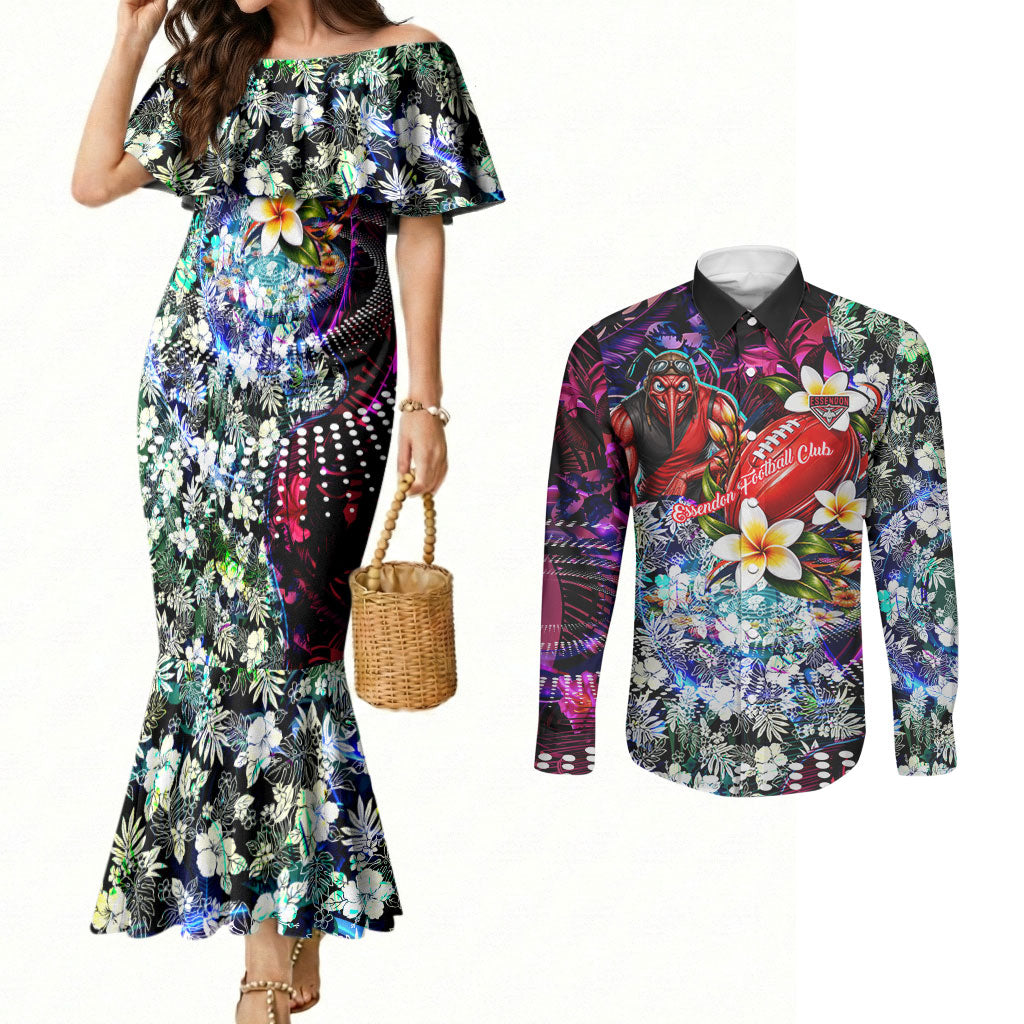 Personalized Essendon Football Bombers Couples Matching Mermaid Dress and Long Sleeve Button Shirt Tropical Hibiscus Flowers - Pacific Fusion Style