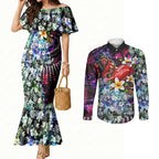 Personalized Essendon Football Bombers Couples Matching Mermaid Dress and Long Sleeve Button Shirt Tropical Hibiscus Flowers - Pacific Fusion Style