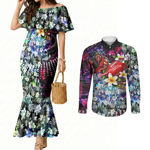 Personalized Essendon Football Bombers Couples Matching Mermaid Dress and Long Sleeve Button Shirt Tropical Hibiscus Flowers - Pacific Fusion Style