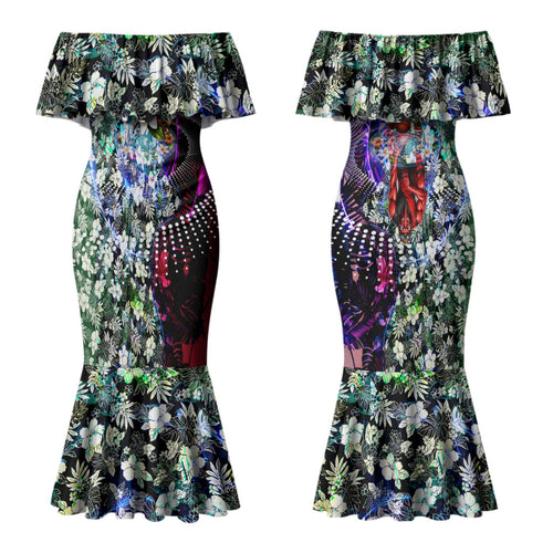 Personalized Essendon Football Bombers Couples Matching Mermaid Dress and Long Sleeve Button Shirt Tropical Hibiscus Flowers - Pacific Fusion Style