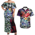 Personalized Essendon Football Bombers Couples Matching Off Shoulder Maxi Dress and Hawaiian Shirt Tropical Hibiscus Flowers - Pacific Fusion Style