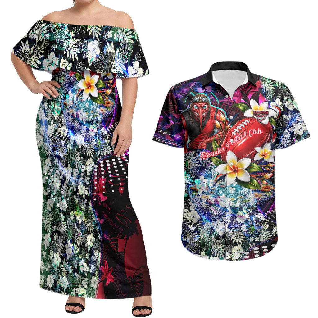 Personalized Essendon Football Bombers Couples Matching Off Shoulder Maxi Dress and Hawaiian Shirt Tropical Hibiscus Flowers - Pacific Fusion Style