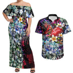 Personalized Essendon Football Bombers Couples Matching Off Shoulder Maxi Dress and Hawaiian Shirt Tropical Hibiscus Flowers - Pacific Fusion Style