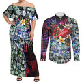 Personalized Essendon Football Bombers Couples Matching Off Shoulder Maxi Dress and Long Sleeve Button Shirt Tropical Hibiscus Flowers - Pacific Fusion Style