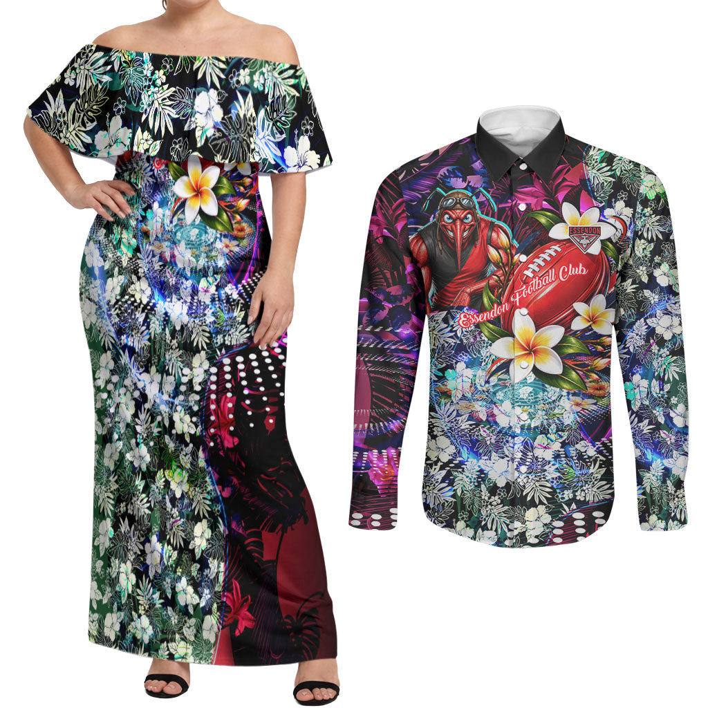 Personalized Essendon Football Bombers Couples Matching Off Shoulder Maxi Dress and Long Sleeve Button Shirt Tropical Hibiscus Flowers - Pacific Fusion Style