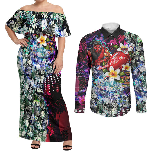 Personalized Essendon Football Bombers Couples Matching Off Shoulder Maxi Dress and Long Sleeve Button Shirt Tropical Hibiscus Flowers - Pacific Fusion Style