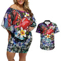 Personalized Essendon Football Bombers Couples Matching Off Shoulder Short Dress and Hawaiian Shirt Tropical Hibiscus Flowers - Pacific Fusion Style