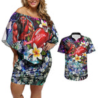 Personalized Essendon Football Bombers Couples Matching Off Shoulder Short Dress and Hawaiian Shirt Tropical Hibiscus Flowers - Pacific Fusion Style