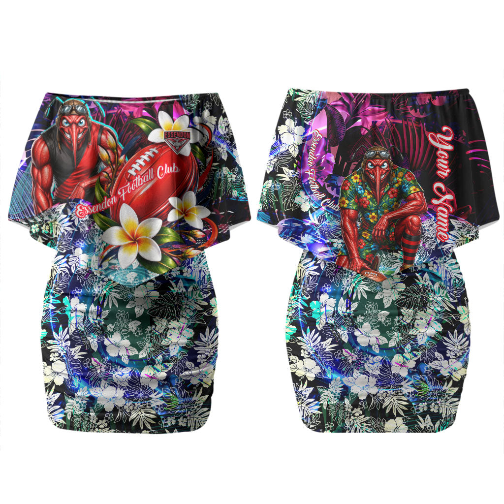 Personalized Essendon Football Bombers Couples Matching Off Shoulder Short Dress and Hawaiian Shirt Tropical Hibiscus Flowers - Pacific Fusion Style