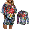 Personalized Essendon Football Bombers Couples Matching Off Shoulder Short Dress and Long Sleeve Button Shirt Tropical Hibiscus Flowers - Pacific Fusion Style