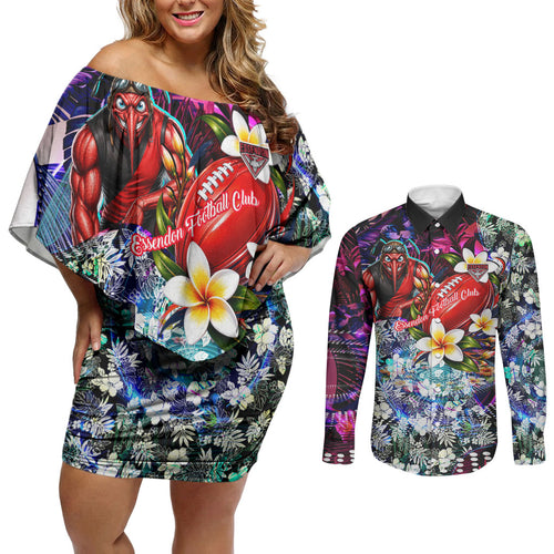 Personalized Essendon Football Bombers Couples Matching Off Shoulder Short Dress and Long Sleeve Button Shirt Tropical Hibiscus Flowers - Pacific Fusion Style