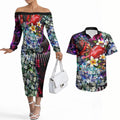Personalized Essendon Football Bombers Couples Matching Off The Shoulder Long Sleeve Dress and Hawaiian Shirt Tropical Hibiscus Flowers - Pacific Fusion Style
