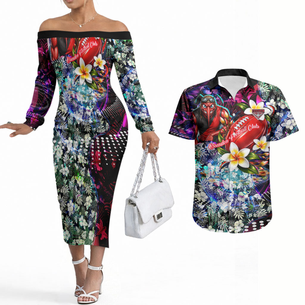 Personalized Essendon Football Bombers Couples Matching Off The Shoulder Long Sleeve Dress and Hawaiian Shirt Tropical Hibiscus Flowers - Pacific Fusion Style