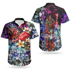 Personalized Essendon Football Bombers Couples Matching Off The Shoulder Long Sleeve Dress and Hawaiian Shirt Tropical Hibiscus Flowers - Pacific Fusion Style