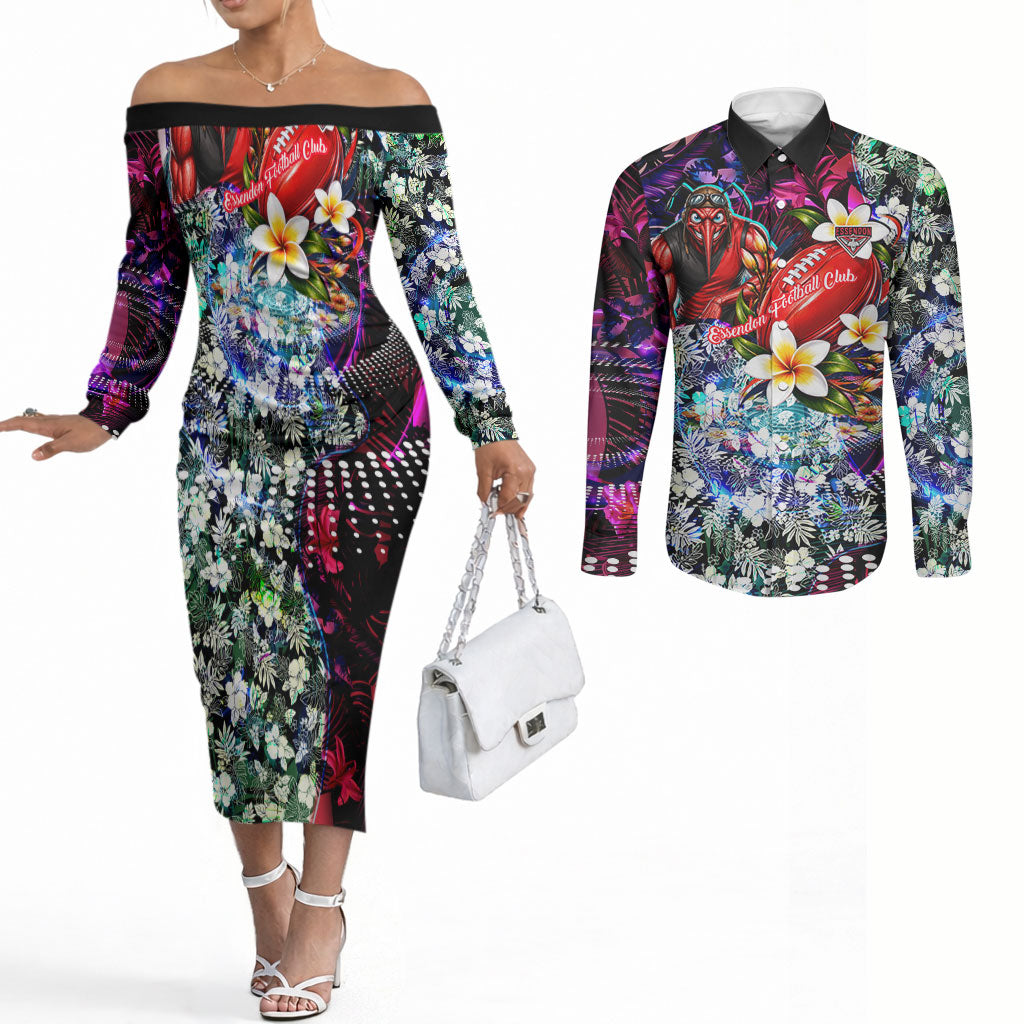 Personalized Essendon Football Bombers Couples Matching Off The Shoulder Long Sleeve Dress and Long Sleeve Button Shirt Tropical Hibiscus Flowers - Pacific Fusion Style