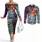 Personalized Essendon Football Bombers Couples Matching Off The Shoulder Long Sleeve Dress and Long Sleeve Button Shirt Tropical Hibiscus Flowers - Pacific Fusion Style