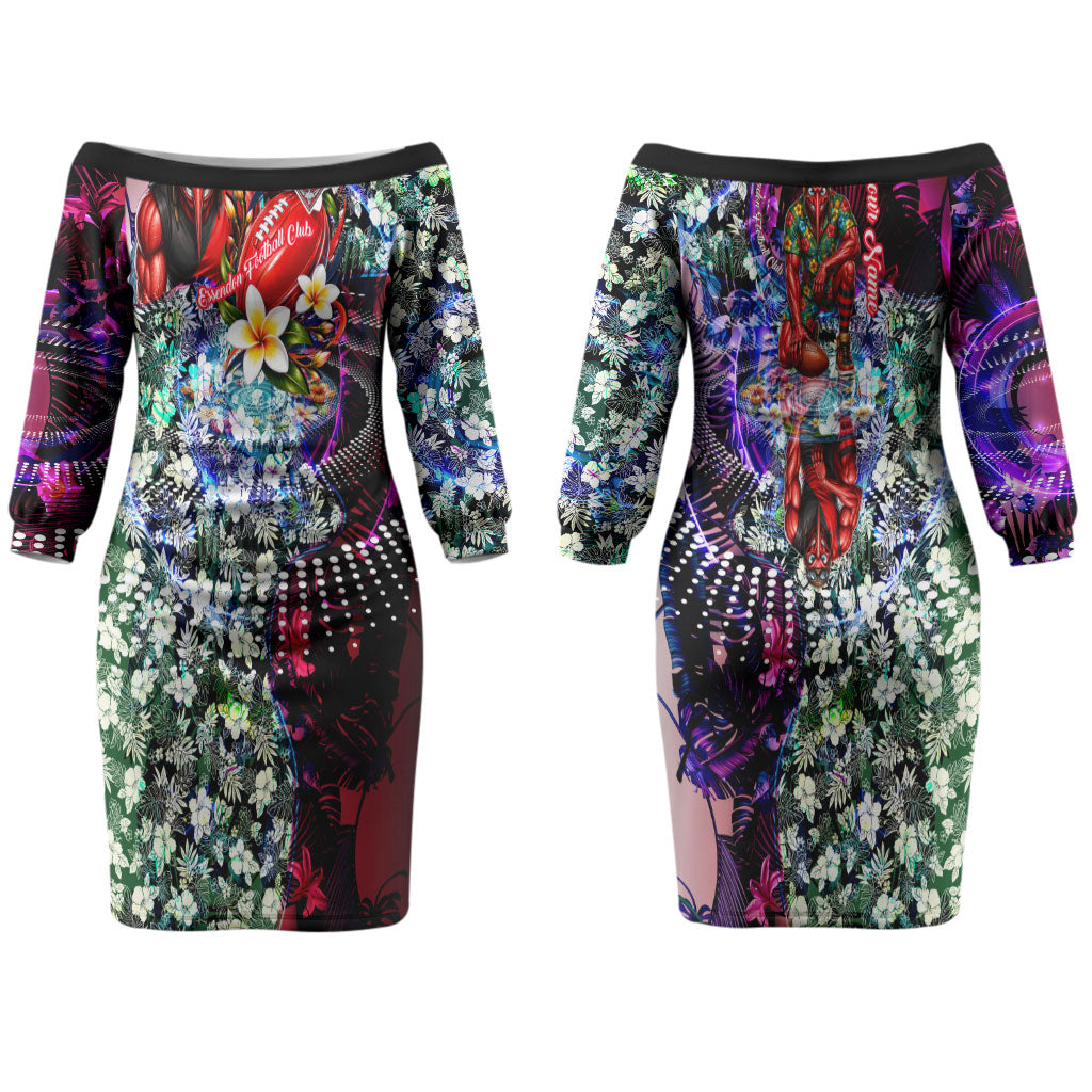 Personalized Essendon Football Bombers Couples Matching Off The Shoulder Long Sleeve Dress and Long Sleeve Button Shirt Tropical Hibiscus Flowers - Pacific Fusion Style