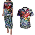 Personalized Essendon Football Bombers Couples Matching Puletasi and Hawaiian Shirt Tropical Hibiscus Flowers - Pacific Fusion Style