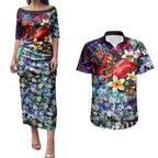 Personalized Essendon Football Bombers Couples Matching Puletasi and Hawaiian Shirt Tropical Hibiscus Flowers - Pacific Fusion Style