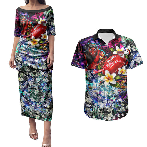 Personalized Essendon Football Bombers Couples Matching Puletasi and Hawaiian Shirt Tropical Hibiscus Flowers - Pacific Fusion Style