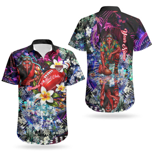 Personalized Essendon Football Bombers Couples Matching Puletasi and Hawaiian Shirt Tropical Hibiscus Flowers - Pacific Fusion Style