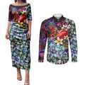 Personalized Essendon Football Bombers Couples Matching Puletasi and Long Sleeve Button Shirt Tropical Hibiscus Flowers - Pacific Fusion Style