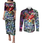 Personalized Essendon Football Bombers Couples Matching Puletasi and Long Sleeve Button Shirt Tropical Hibiscus Flowers - Pacific Fusion Style