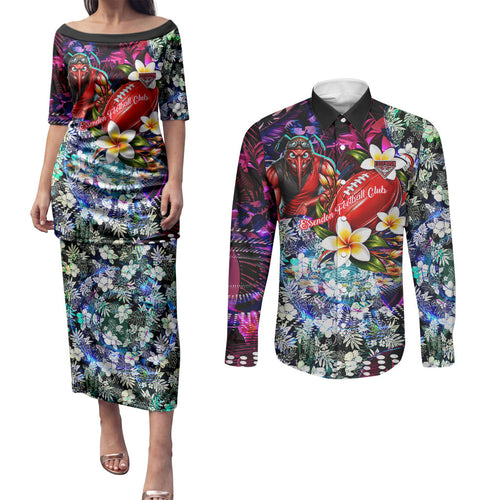Personalized Essendon Football Bombers Couples Matching Puletasi and Long Sleeve Button Shirt Tropical Hibiscus Flowers - Pacific Fusion Style