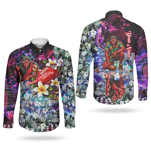 Personalized Essendon Football Bombers Couples Matching Puletasi and Long Sleeve Button Shirt Tropical Hibiscus Flowers - Pacific Fusion Style