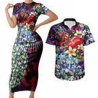 Personalized Essendon Football Bombers Couples Matching Short Sleeve Bodycon Dress and Hawaiian Shirt Tropical Hibiscus Flowers - Pacific Fusion Style