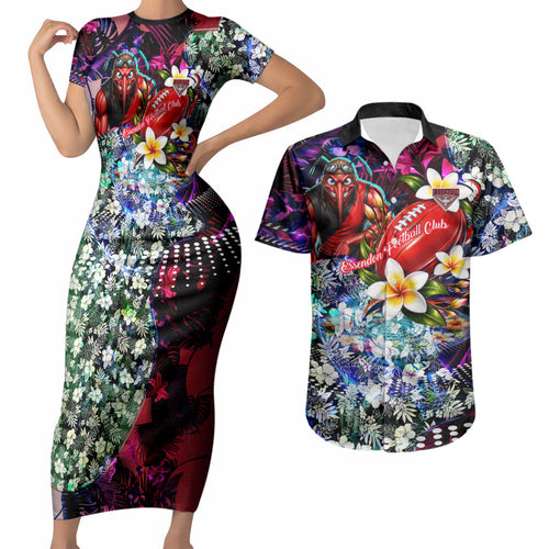 Personalized Essendon Football Bombers Couples Matching Short Sleeve Bodycon Dress and Hawaiian Shirt Tropical Hibiscus Flowers - Pacific Fusion Style