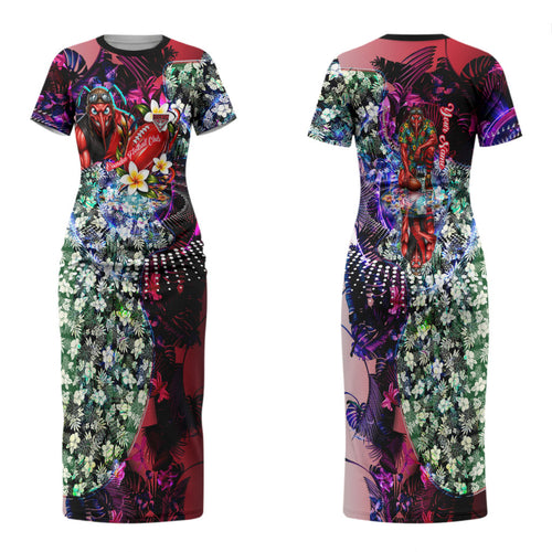 Personalized Essendon Football Bombers Couples Matching Short Sleeve Bodycon Dress and Hawaiian Shirt Tropical Hibiscus Flowers - Pacific Fusion Style