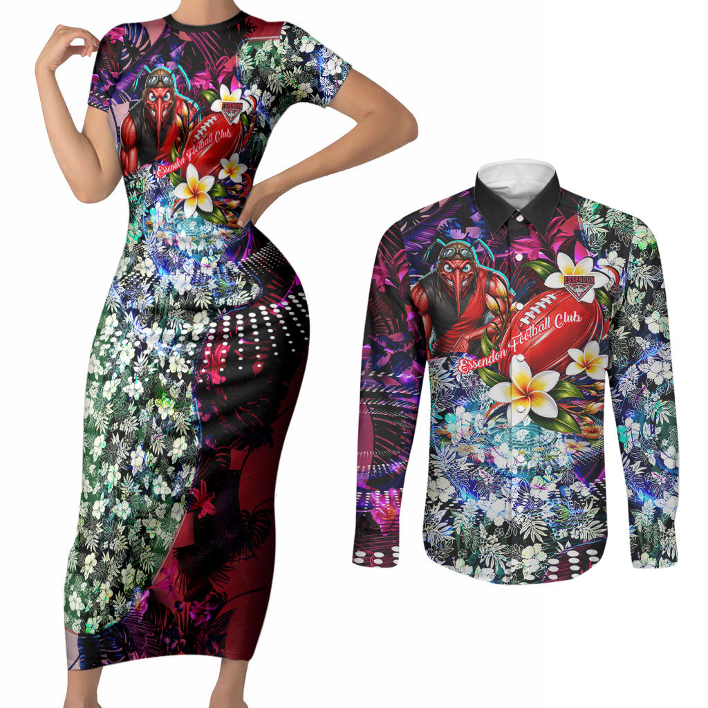 Personalized Essendon Football Bombers Couples Matching Short Sleeve Bodycon Dress and Long Sleeve Button Shirt Tropical Hibiscus Flowers - Pacific Fusion Style