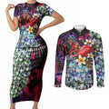 Personalized Essendon Football Bombers Couples Matching Short Sleeve Bodycon Dress and Long Sleeve Button Shirt Tropical Hibiscus Flowers - Pacific Fusion Style
