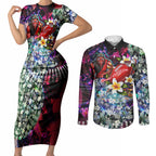 Personalized Essendon Football Bombers Couples Matching Short Sleeve Bodycon Dress and Long Sleeve Button Shirt Tropical Hibiscus Flowers - Pacific Fusion Style