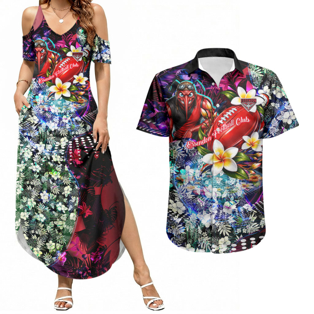 Personalized Essendon Football Bombers Couples Matching Summer Maxi Dress and Hawaiian Shirt Tropical Hibiscus Flowers - Pacific Fusion Style